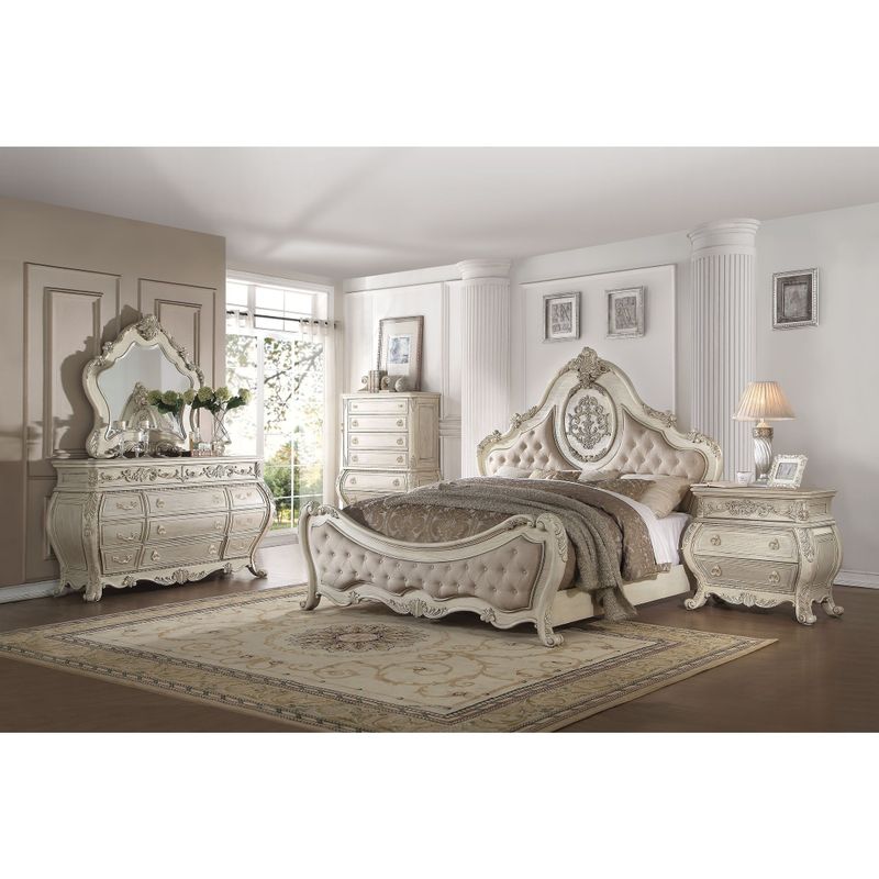 ACME Ragenardus Queen Bed, Beige Linen & Antique White (1Set/3Ctn)