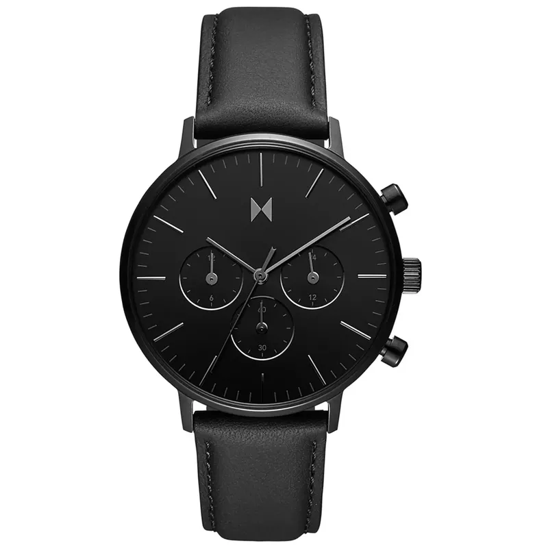 MVMT - Mens Legacy Traveler Dual Time Panther Black Leather Strap Watch Black Dial