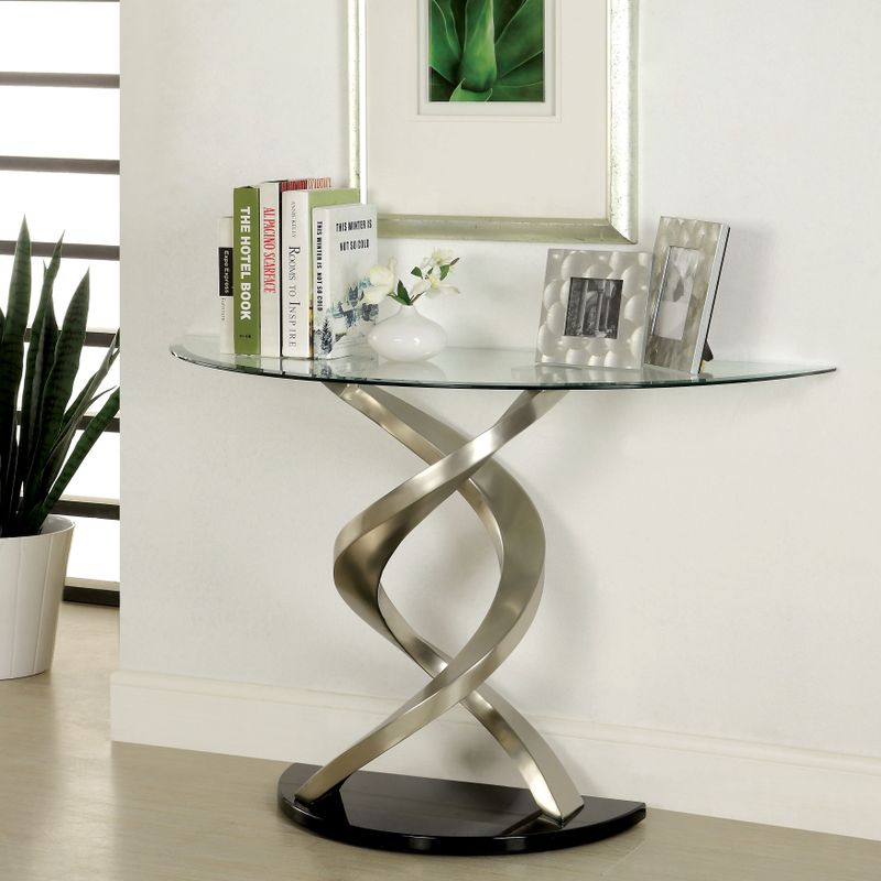 Furniture of America Sele Modern Silver 45-inch Metal Pedestal Sofa Table - Satin Plated/Clear