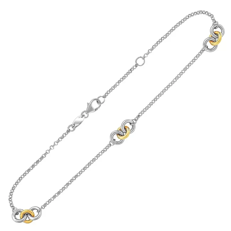 14k Yellow Gold and Sterling Silver Triple Ring Stationed Anklet (10 Inch)