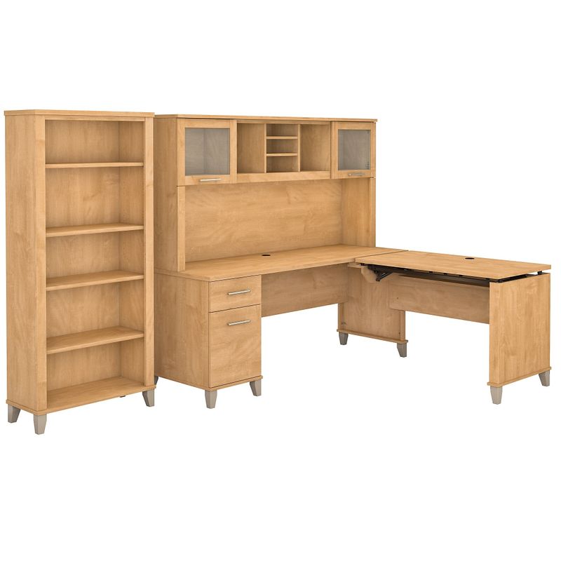 Somerset 72W Sit to Stand L-Desk with Hutch and Bookcase in Ash Gray - Maple Cross