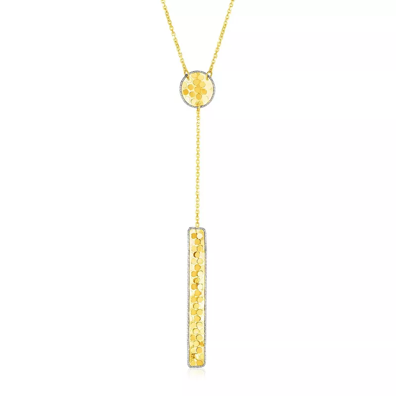 14k Two Tone Gold Lariat Necklace with Textured Circle and Bar