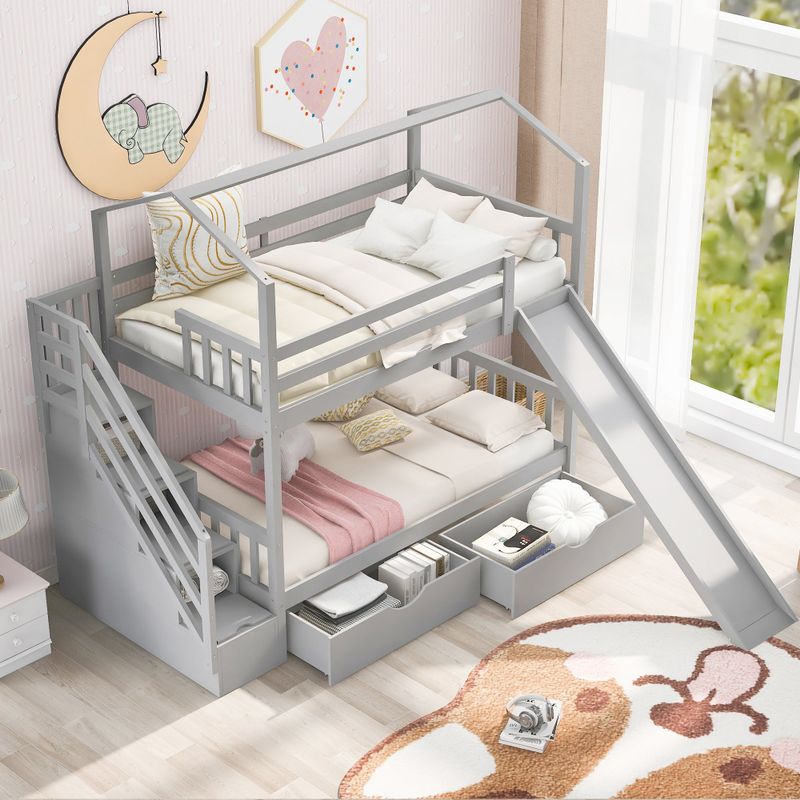 Nestfair Twin over Twin House Bunk Bed with Two Drawers and Slide - Grey