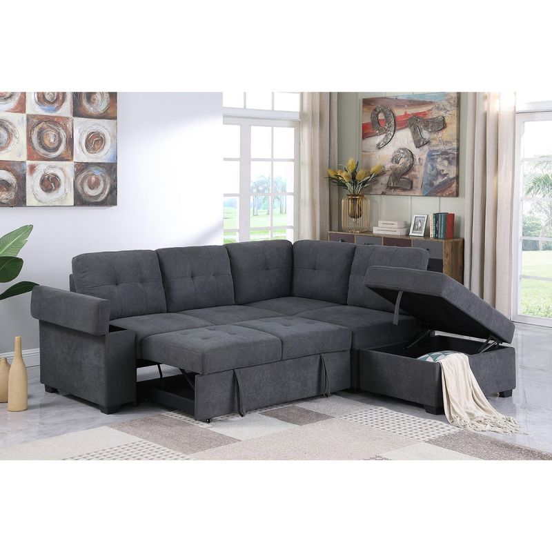 Woven Fabric Sleeper Sofa with Storage Ottoman and Storage Arm - Dark Gray