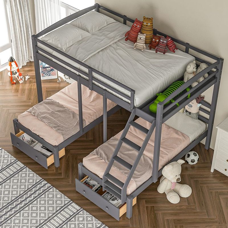 Full over Twin & Twin Bunk Bed, Triple Bunk Bed with Drawers - Grey - Twin