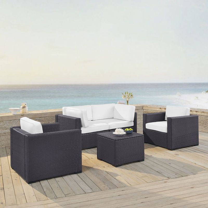 Biscayne 5-piece White Wicker Outdoor Seating Set of Two Armchairs, Two Corner Chairs, and Coffee Table - TWO ARMCHAIRS, TWO CORNER...