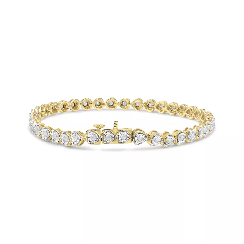 10K Yellow Gold Plated .925 Sterling Silver 1.0 Cttw Miracle Set Diamond Heart-Link 7" Tennis Bracelet (I-J Color, I2-I3 Clarity)