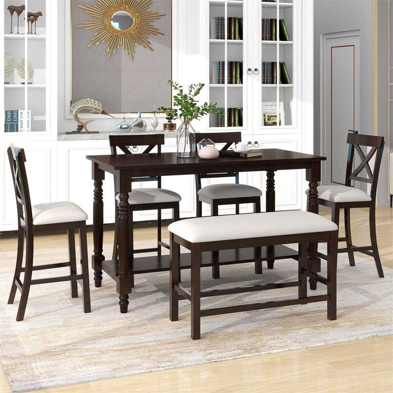 Merax 6-Piece Counter Height Dining Set with Shelf, Upholstered Seat - Grey
