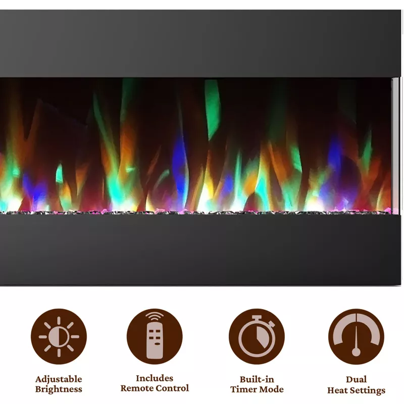 50-In. Recessed Wall Mounted Electric Fireplace with Crystal and LED Color Changing Display, Black
