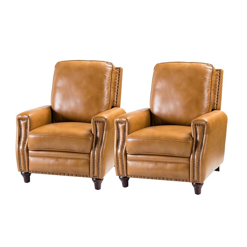 Victorino Cigar Genuine Leather Recliner with Nailhead Trim Set of 2 - SADDLE