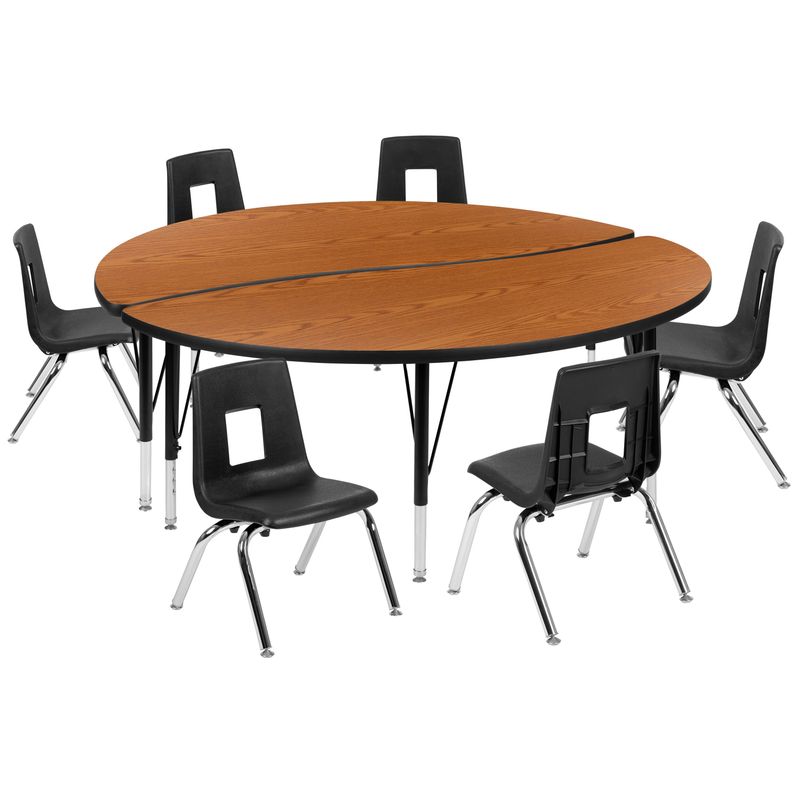 60" Circle Wave Collaborative Laminate Activity Table Set with 14" Student Stack Chairs, Grey/Black - Oak