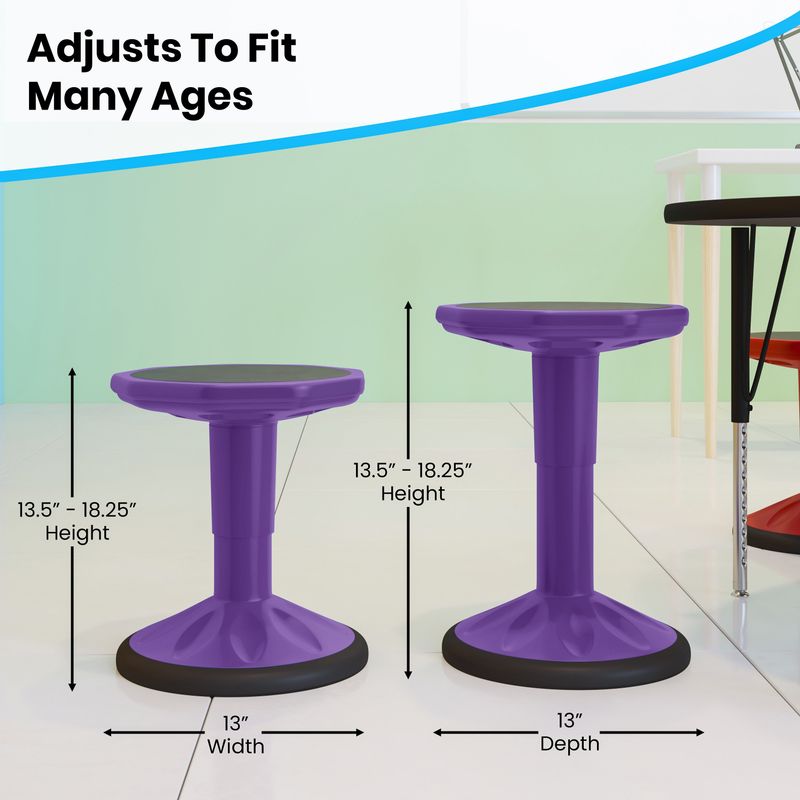 Kids Adjustable Height Active Learning Stool for Classroom and Home - 13"W x 13"D x 13.5" - 18.25"H - Blue
