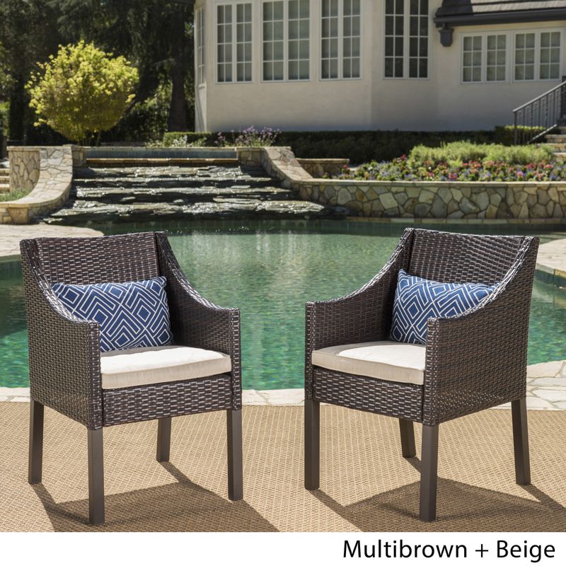 Antibes Outdoor Wicker Dining Chairs with Cushions by Christopher Knight Home - Multibrown + Beige