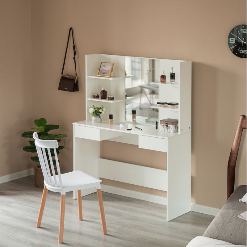 Modern Wooden Dressing Table with Drawer, Mirror and Shelves - White