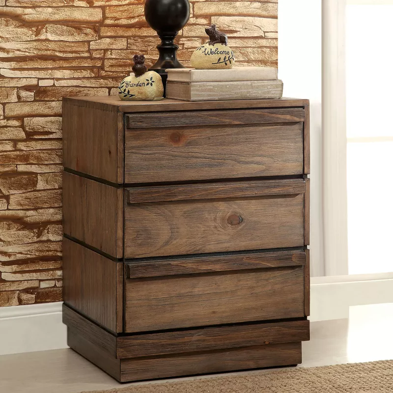 Solid Wood 3-Drawer Nightstand in Rustic Natural Tone