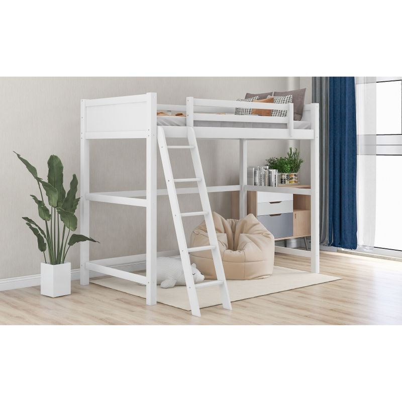 Solid Wood Twin Size Loft Bed with Ladder(White) - White