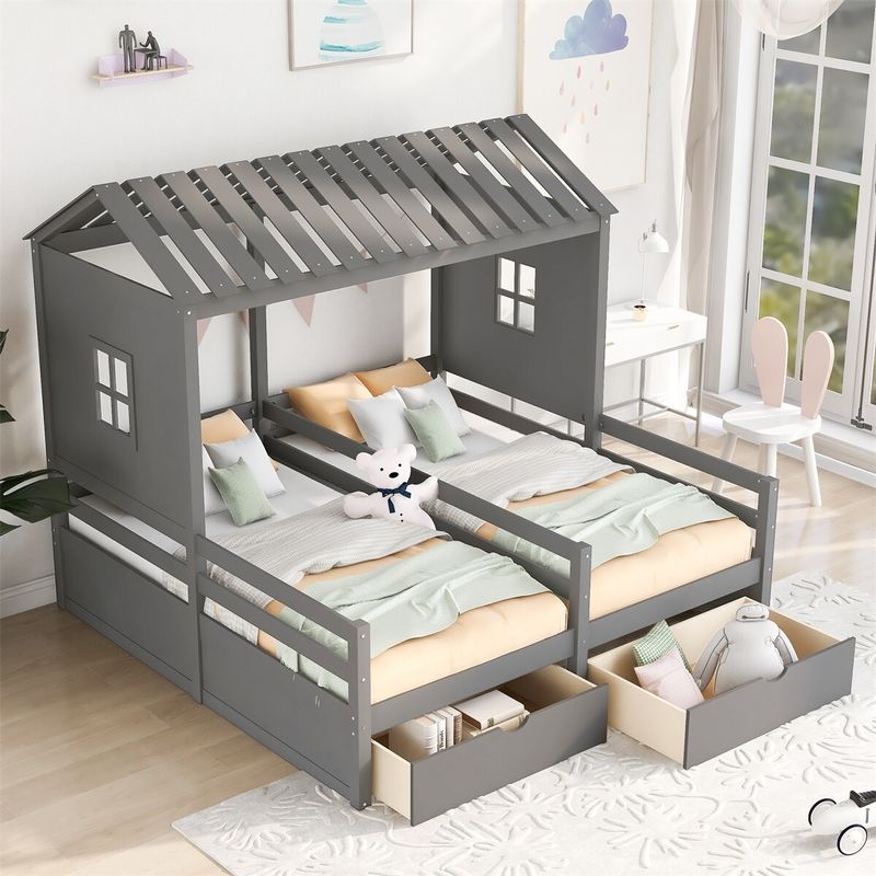 Merax 2 Shared Beds Twin Size House Platform Beds with Two Drawers - White