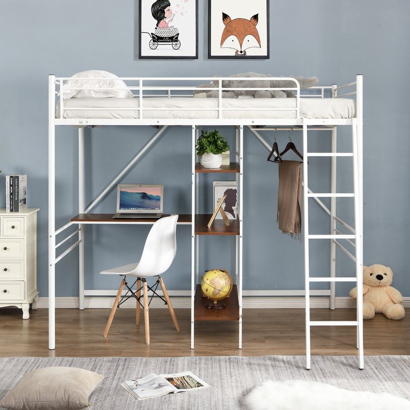 Merax Metal Twin Size Loft Bed with 3-Tier Shelves - White