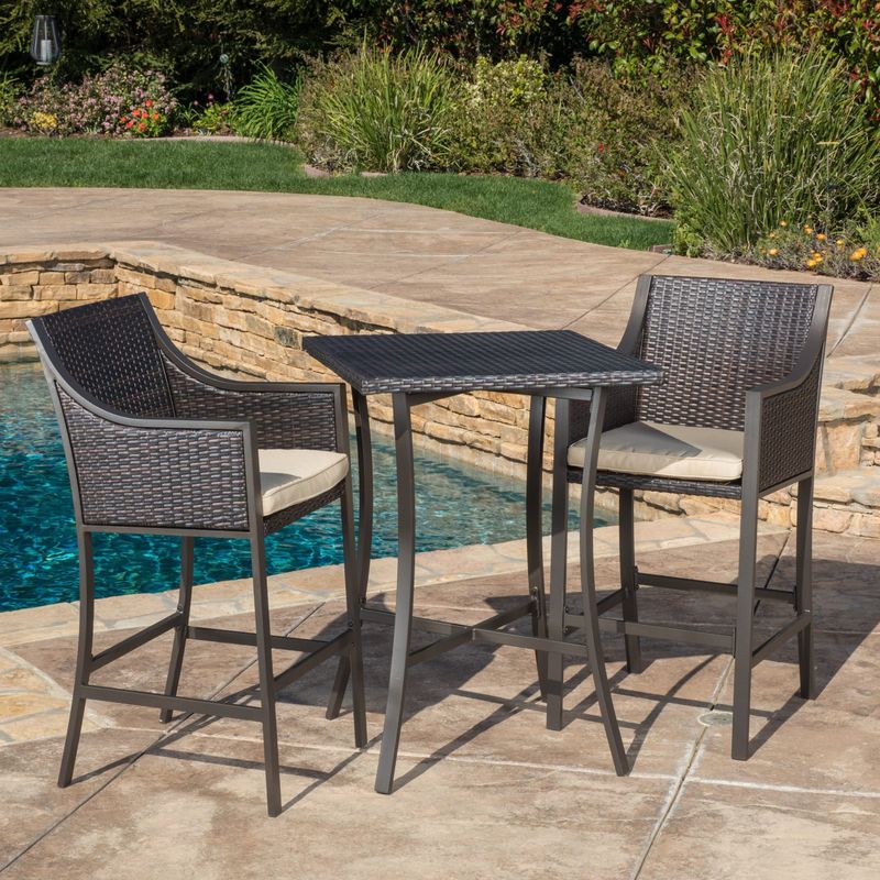 Riga Outdoor 3-piece Wicker Bistro Bar Set with Cushion by Christopher Knight Home - Multi Brown