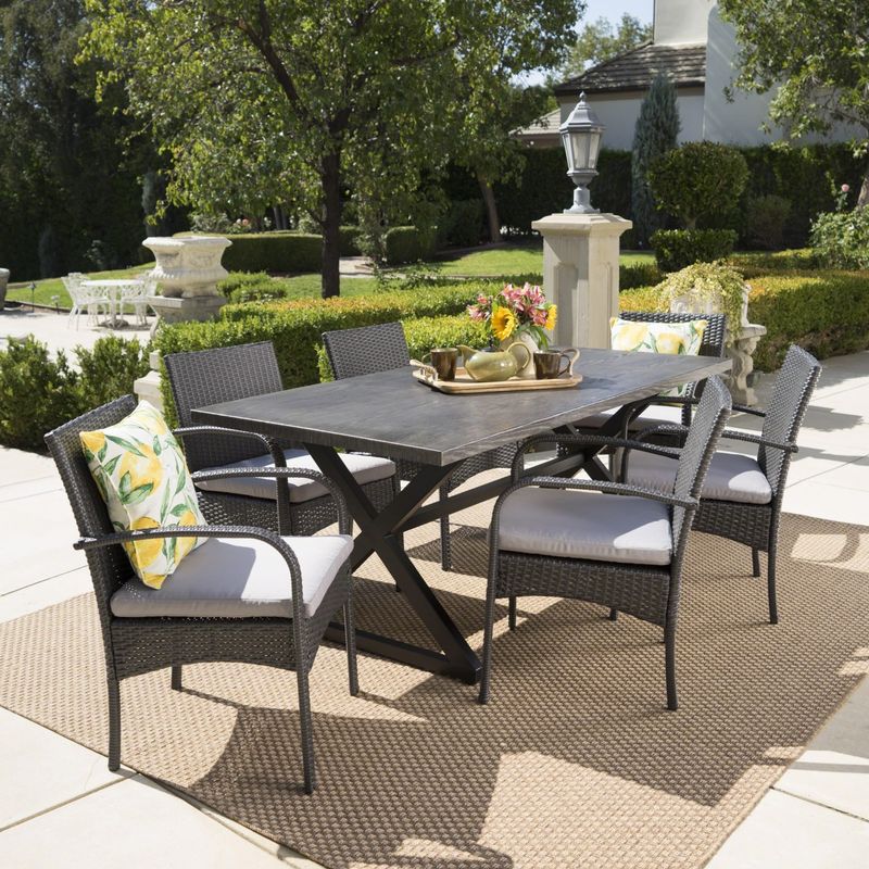 Ashworth Outdoor 7-piece Rectangular Wicker Aluminum Dining Set with Cushions by Christopher Knight Home - Grey
