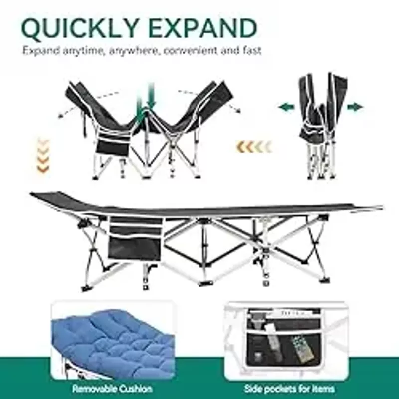 YITAHOME 2 Pcs Camping Cots w/Mattress Portable Louge Chair Outdoor Folding Cot Heavy Duty 575 LB Capacity 1200D Oxford w/Carry Bag Travel Camp Bed for Camping, Office, Traveling, Navy Blue
