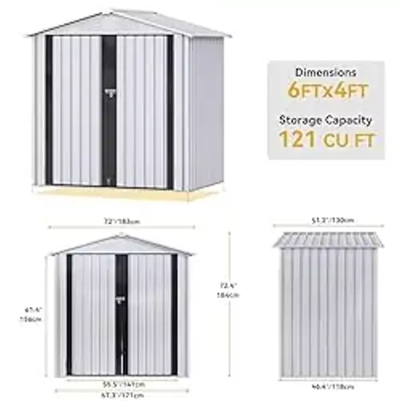 DWVO 6x4ft Metal Outdoor Storage Shed, Large Heavy Duty Tool Sheds with Lockable Doors & Air Vent for Backyard Patio Lawn to Store Bikes, Tools, Lawnmowers,White