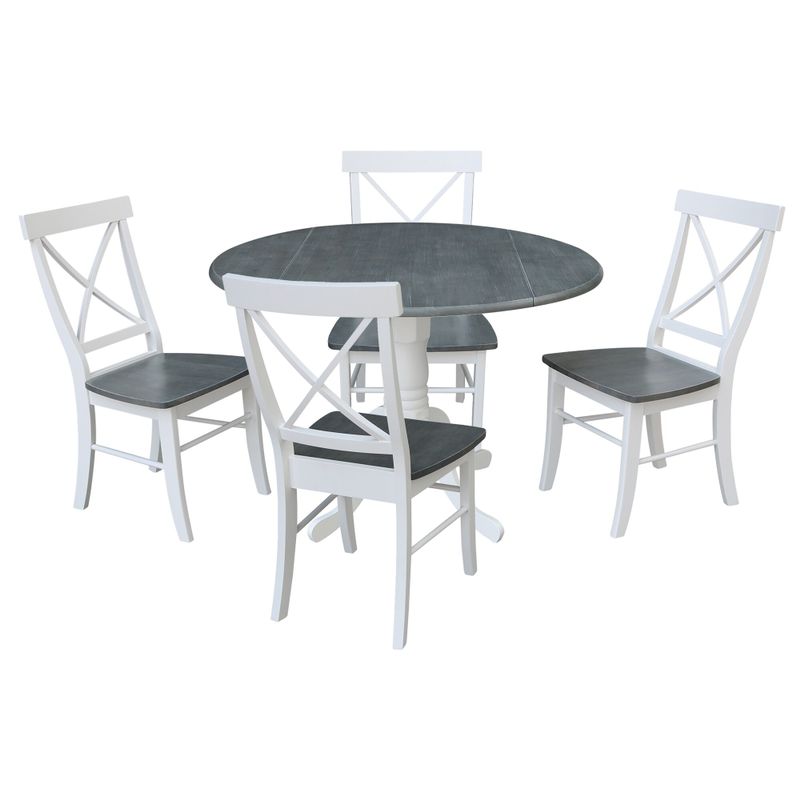 42 in. Drop Leaf Table with 4 Cross Back Dining Chairs - 5 Piece Set - White/Heather Gray