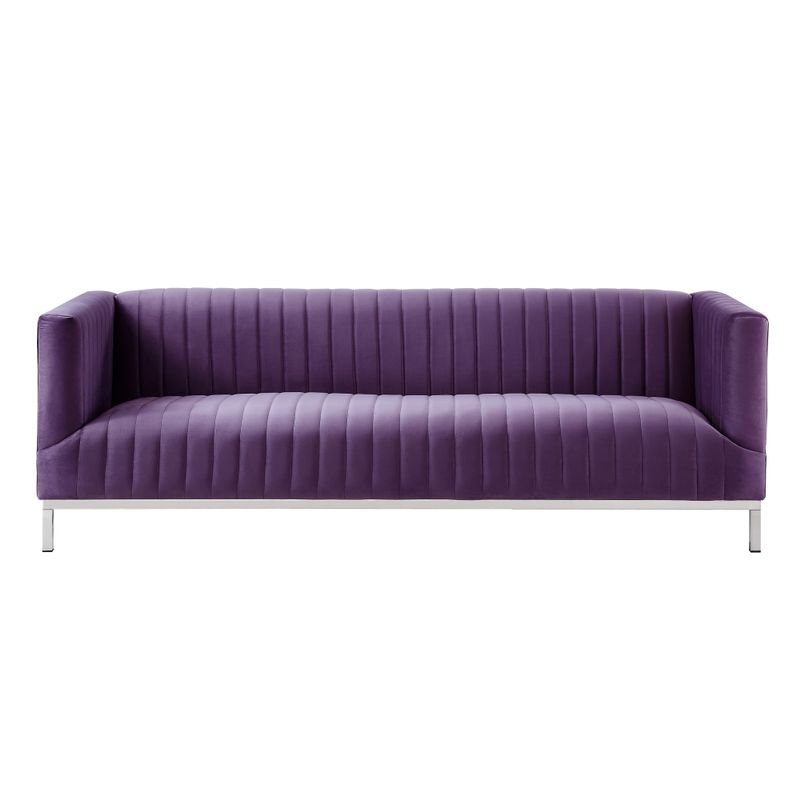 Inspired Home Ethan Velvet Tuxedo Sofa with Stainless Steel Legs - navy/chrome
