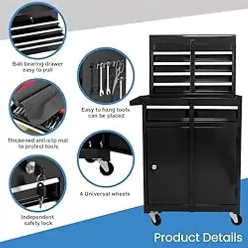 SumKea Wheels, Box, 5 Drawer Rolling Tool Chest and 2 Lockers, Detachable Storage Cabinet, for Garage Warehouse Workshop, Black