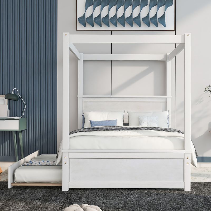 Nestfair Full Size Canopy Platform Bed with Trundle Bed - White