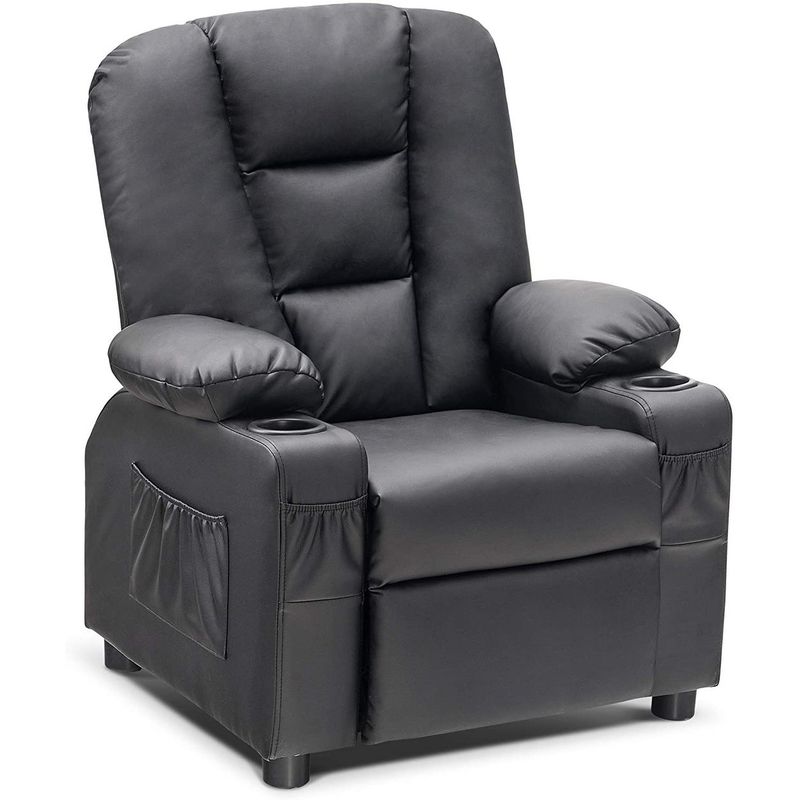 Mcombo Big Kids Recliner Chair with Cup Holders for Toddler Boys and Girls, 2 Side Pockets, 3+ Age Group, Faux Leather 7322 - Grey