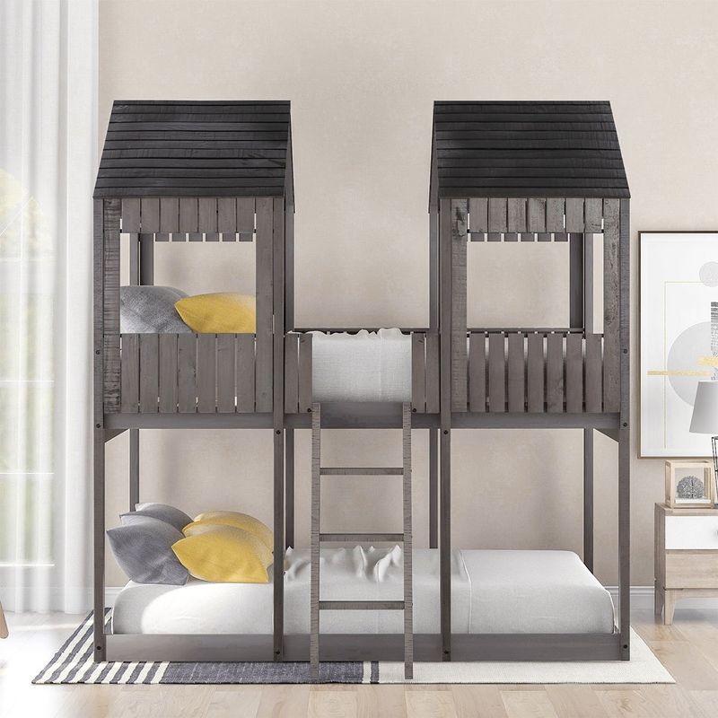 Merax Full over Full Wood Tower Bunk Bed with Roof - White