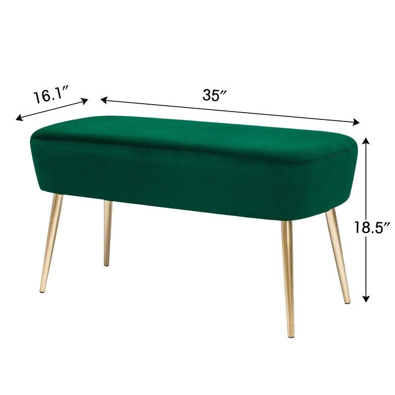 Adeco Velvet Bench Footrest, Bed End Stool Metal Legs, Dressing Chair - Green