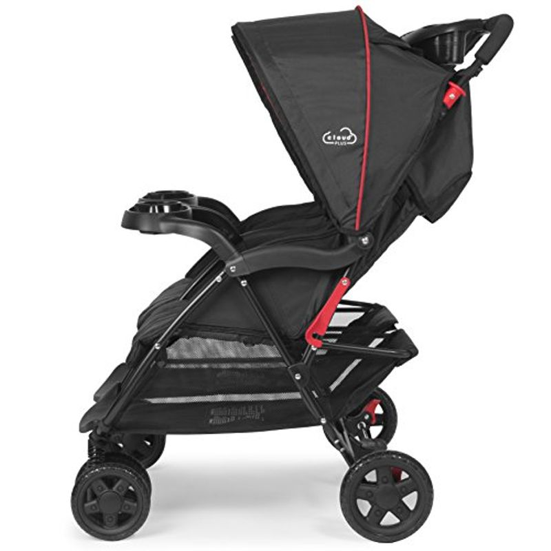 Kolcraft Cloud Plus Double Stroller with Smooth Dynamic Wheel Suspension, Parent and Child Tray Included, Red/Black.