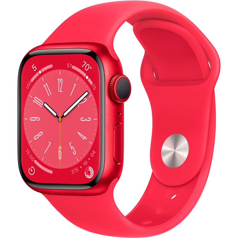 Front Zoom. Apple Watch Series 8 (GPS) 41mm Aluminum Case with (PRODUCT)RED Sport Band - M/L - (PRODUCT)RED