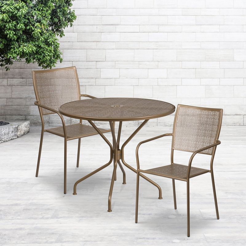 35.25'' Round Indoor-Outdoor Steel Patio Table Set with 2 Square Back Chairs - Gold