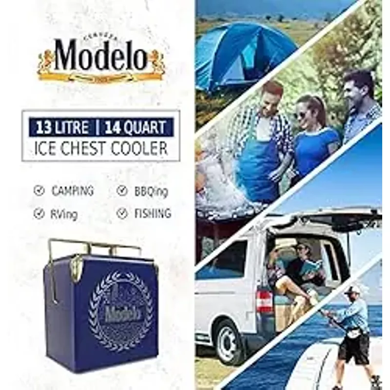 Modelo Retro Ice Chest Cooler with Bottle Opener 13L (14 qt), 18 Can Capacity, Blue and Gold, Vintage Style Ice Bucket for Camping, Beach, Picnic, RV, BBQs, Tailgating, Fishing