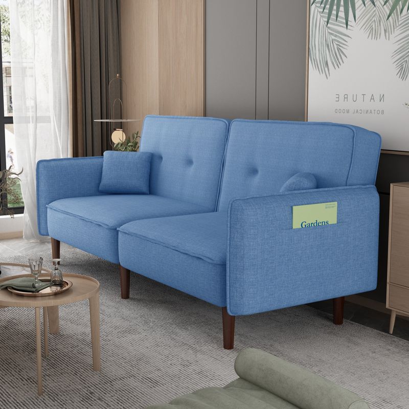 Convertible Futon Sofa Bed with Solid Wood Legs in Cotton Linen Fabric - Blue