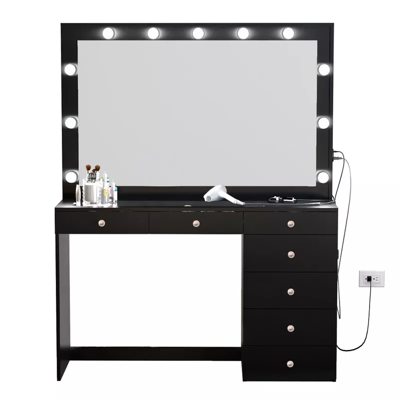 Boahaus Makeup Vanity Desk, 7 Drawers, Lights, Black, USB Outlet - Rose Gold Crystal Ball Knobs