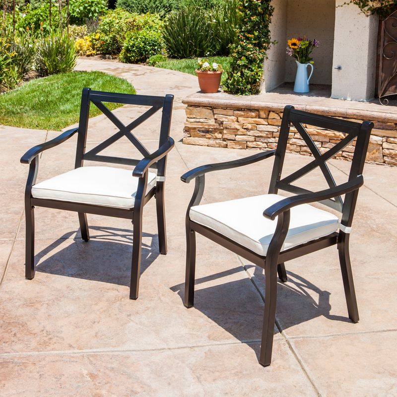 Exuma Outdoor Black Cast Aluminum Dining Chairs with Ivory Water Resistant Cushions (Set of 2) by Christopher Knight Home - Black with...