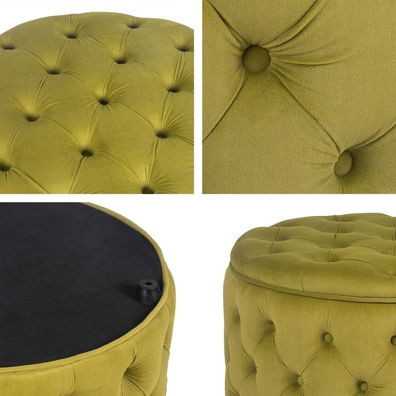 Adeco Velvet Round Storage Ottoman Button Tufted Footrest Stool Bench - Green