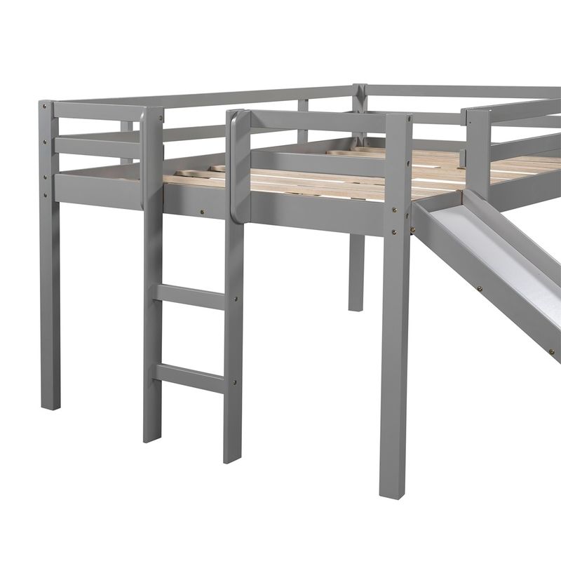 Merax Wood Loft Bed with Slide, Stair and Chalkboard - Grey - Twin