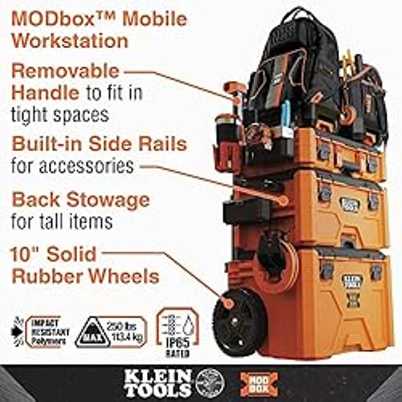 Klein Tools 54802MB MODbox Rolling Toolbox, Modular Tool Storage System with Side Mounting, 10-Inch Rubber Wheels, Removable Handle