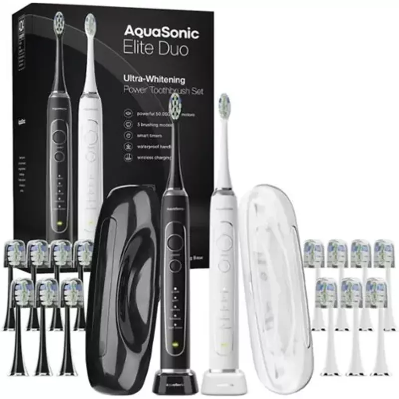 AquaSonic - Elite Duo - Rechargeable Electric Toothbrush Set - 2 Brushes, 16 Brush Heads, Wireless, Travel Cases - White and Black