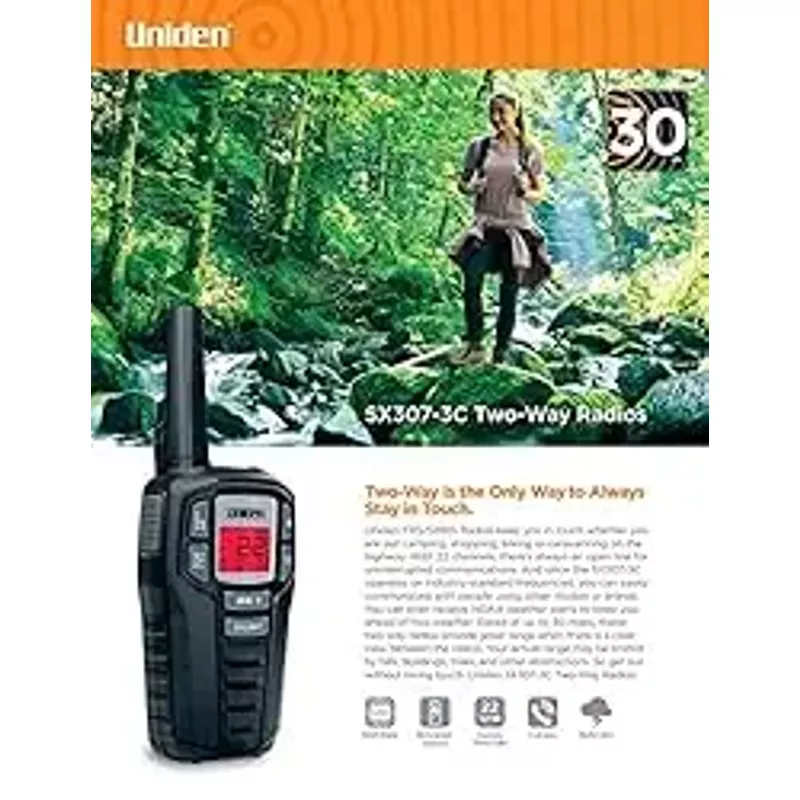 Uniden SX307-3C FRS 3-Pack, Up to 30-Mile Range, Walkie Talkies, 22-Channel FRS 2-Way Radios - Black