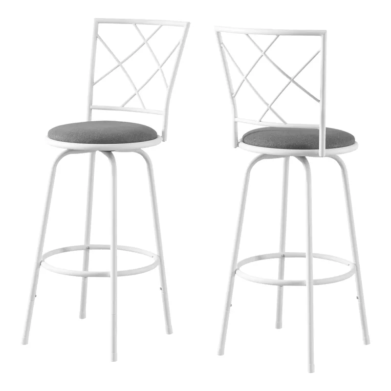 Bar Stool/ Set Of 2/ Swivel/ Bar Height/ Metal/ Fabric/ White/ Grey/ Contemporary/ Modern