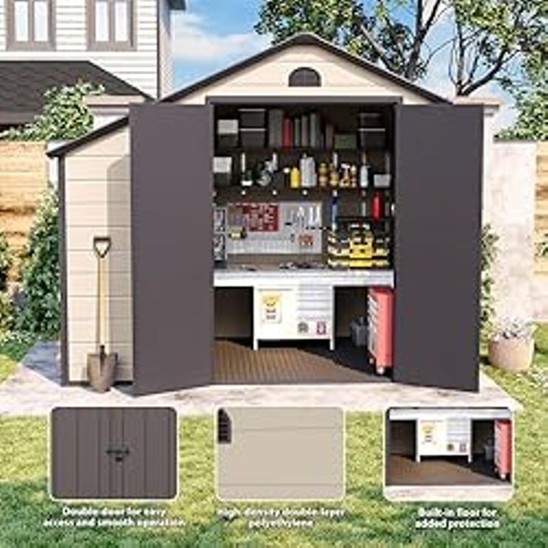 Outdoor Storage Shed 8.5x6.3 ft, Resin Storage Shed & Firewood Rack, Patio Storage Sheds Outdoor with Floor, Lockable Door, Airflow Vent,...