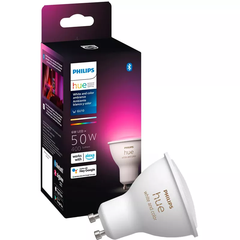 Philips - Hue GU10 Bluetooth 50W Smart LED Bulb - White and Color Ambiance