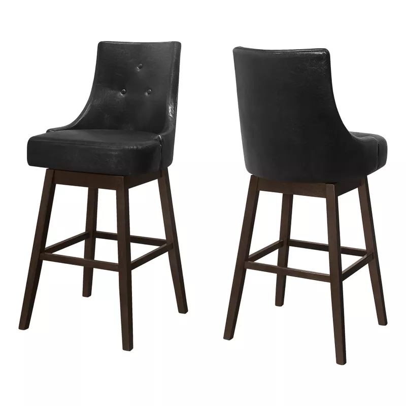 Bar Stool/ Set Of 2/ Swivel/ Bar Height/ Wood/ Pu Leather Look/ Black/ Brown/ Transitional