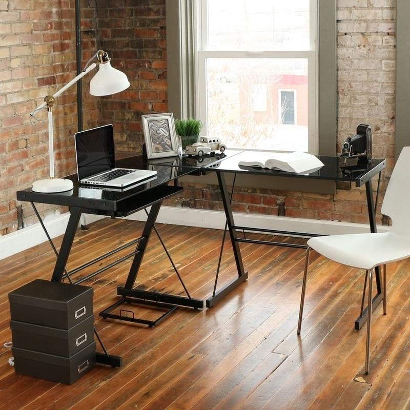 Porch & Den Champlain Glass L-shaped PC Laptop Computer Desk w/Keyboard Tray - Black